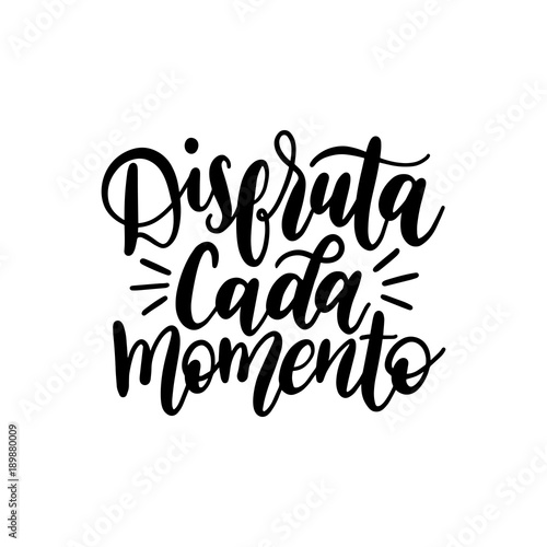 Disfruta Cada Momento translated from spanish Enjoy Every Moment vector handwritten phrase on white background.