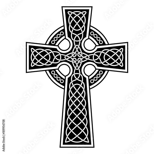 Celtic Cross with white patterns on a black background.