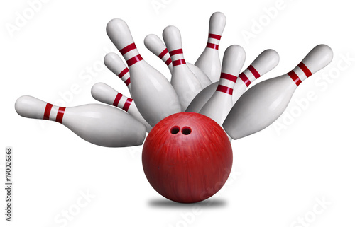 Red Ball Hitting Pins in Bowling Strike Isolated on White Background