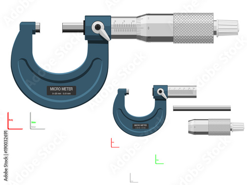 Basic micrometer on transparent background. There are 3 components which are perfect assembly for your own composition. 