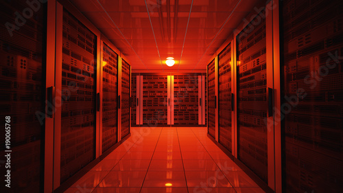 Blackout concept. Emergency failure red light in data center with servers. 3D rendered illustration.