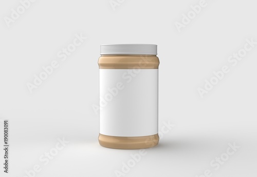 Peanut butter in jar mock up isolated on soft gray background with white label. 3D illustrating.