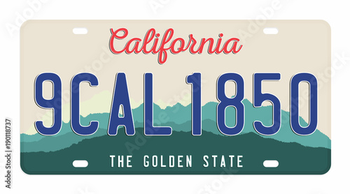License plate isolated on white background. California license plate with numbers and letters. Badge for t-shirt graphic