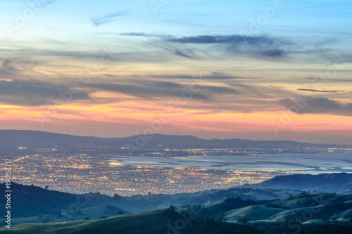 Silicon Valley Views from above. Santa Clara Valley at dusk as seen from Lick Observatory in Mount Hamilton east of San Jose, Santa Clara County, California, USA.