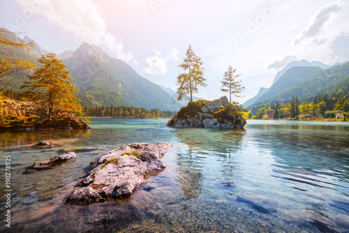 Amazing sunny summer day on the Hintersee lake in Austrian Alps, Europe. Landscape photography