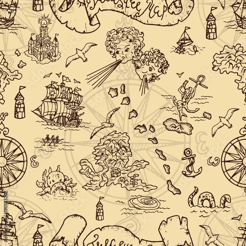 Seamless background with fantasy creatures and pirate treasure map elements. Pirate adventures, treasure hunt and old transportation concept. Hand drawn vector illustration, vintage background