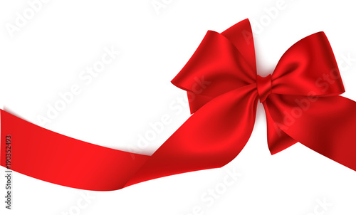 Decorative red bow with long horizontal ribbon. Vector bow for page decor isolated on white background. Holiday decoration