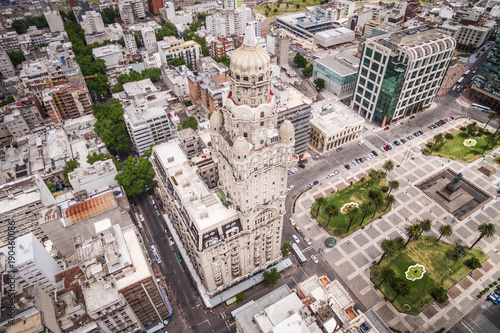 Montevideo, Uruguay, aerial view of downtown buildings and Plaza Independencia square.