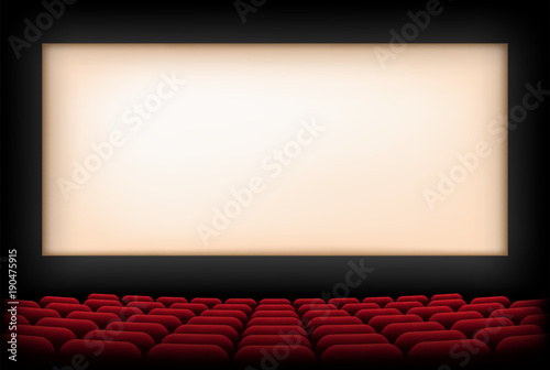 Cinema auditorium with screen and red seats. Vector