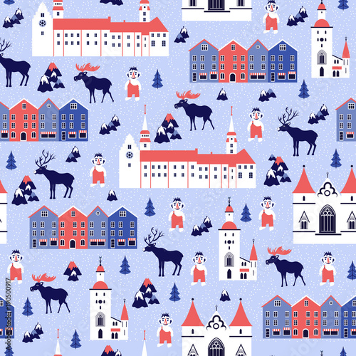 Seamless pattern, Norwegian cartoon vector winter background, Norway landmark Bryggen, Bergen, Akershus Fortress, Stavanger Cathedral, Scandinavian decorative cityscape flat style, for holiday design