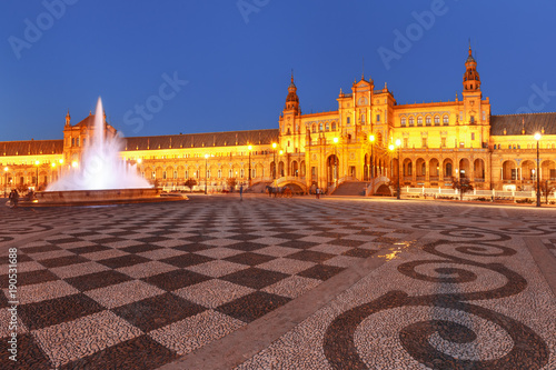Spain Square or Plaza de Espana in Seville during evening blue hour, Andalusia, Spain
