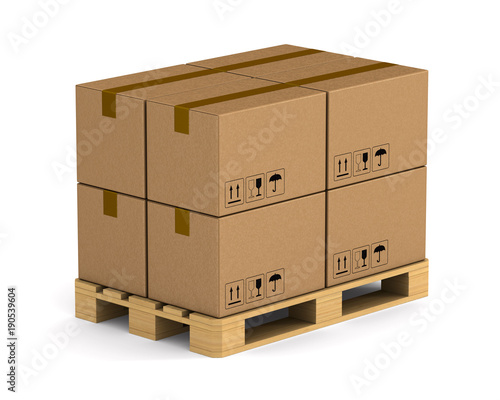 wooden pallet with cargo box on white background. Isolated 3D illustration