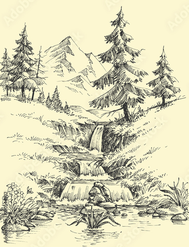 A creek in the mountains. Alpine waterfall landscape