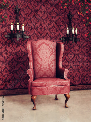 Pokój retro z różowym fotelem i ozdobnymi lampami