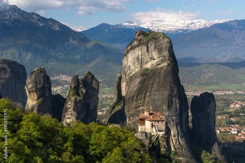 Beautiful scenic view of orthodox monastery in the Greece mountains, Meteora