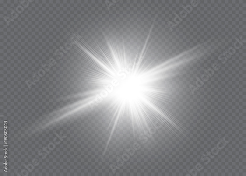 White glowing light explodes on a transparent background. Vector illustration of light decoration effect with ray. Bright Star.