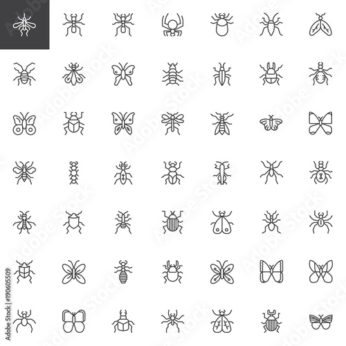Bug and insects line icons set, outline vector symbol collection, linear style pictogram pack. Signs, logo illustration. Set includes icons as beetle, butterfly, spider, moth, flea, fly, caterpillar