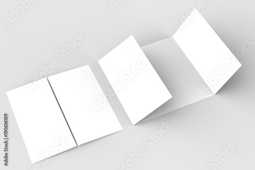 Square gate fold brochure mock up isolated on soft gray background. 3D illustrating.