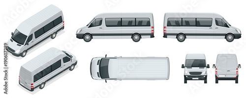 Realistic set of Van template Isolated passenger minibus for corporate identity and advertising. View from side, top, roof, rear, front, isometric.