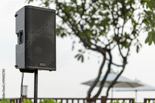 Close up details of Acoustic speaker with woofer and loudspeaker with outdoor