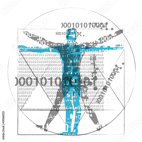 Vitruvian man of computer age. A grunge stylized drawing of vitruvian man with a binary codes symbolized digital age. Isolated on white background. Vector available. 