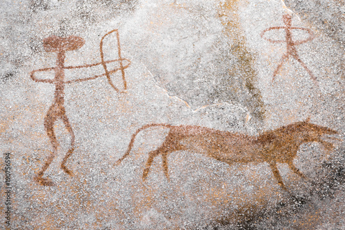 A scene of animal hunting performed ocher on the wall of the cave. Ancient people. stone Age. archeology