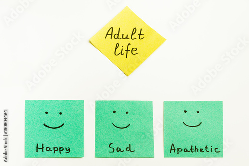 Colored paper notes with inscriptions "Adult life", "Happy", "Sad", "Apathetic" on white bacground.