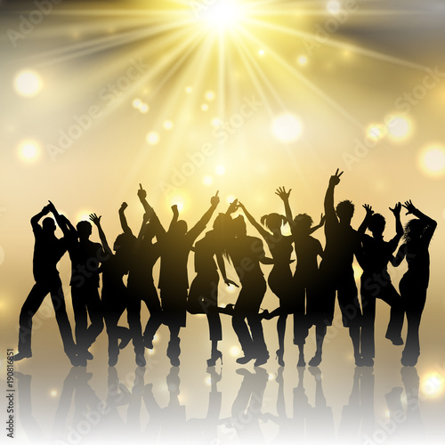Party people on gold starburst background