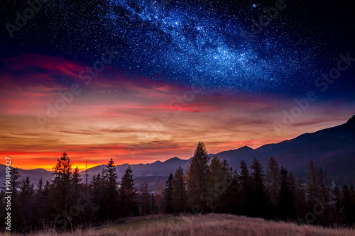 Sunset in Tatras mountain in Zakopane with stars, Poland