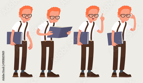 Set character nerd . Clever guy with glasses with a book in his hands. Vector illustration in a flat style