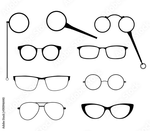 Glasses silhouette vector set. Frames to modern sunglasses with different styles as well as vintage eyeglasses - lorgnette, monocle and a magnifying glass