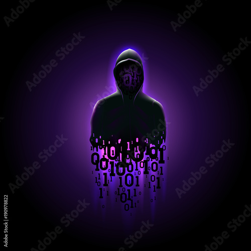 Silhouette of a hacker in a hood with binary code on a luminous purple background, hacking of a computer system, theft of data