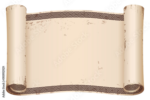 Ancient Greek papyrus with a national ornament. Old beige paper with the aging effect isolated on white background.