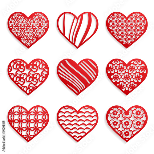 set of red hearts with cut patterns