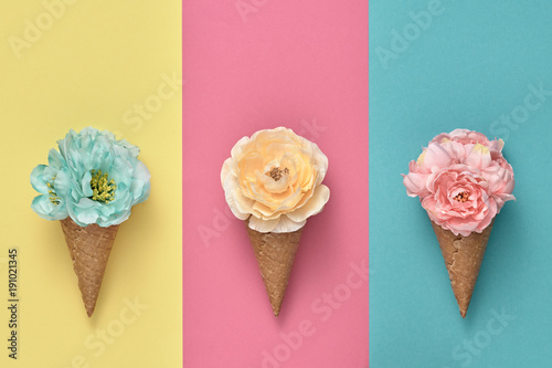 Ice Cream Cone Set with Flowers. Trendy fashion Style. Spring Summer Floral concept. Creative Minimal. Colorful Pastel Design. Pop Art