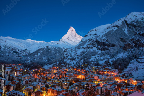 Early Morning landscape View on Zermatt city village Valley and Matterhorn Peak in the Morning, Switzerland