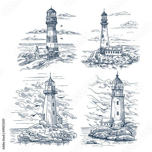 Sketches with lighthouse on island at sea or ocean
