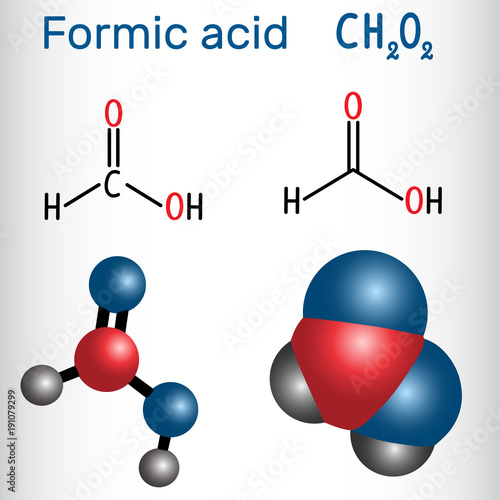 Formic acid (methanoic) molecule. Structural chemical formula and molecule model