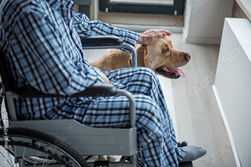 Disabled male sitting in invalid chair in room. He is stroking the dog with his hand. The dog is sitting near the chair
