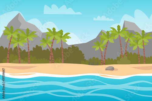 Beautiful island with palm trees, sun and blue water with waves.