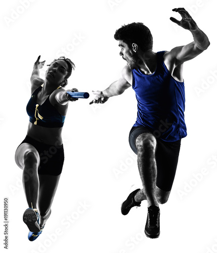 athletics relay runners sprinters running runners in silhouette isolated on white background