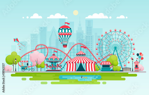 Amusement park, urban landscape.