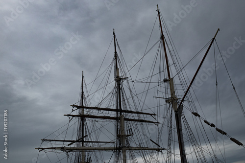 Sailboat Mast and ropes with cloudy blue sky in the background