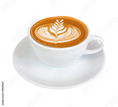 Hot coffee latte with beautiful milk foam latte art texture isolated on white background, clipping path included.