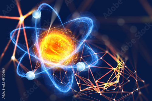Atomic structure. Futuristic concept on the topic of nanotechnology in science. The nucleus of an atom surrounded by electrons on a technological background