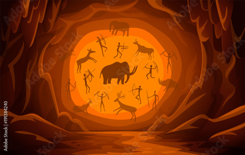 Cave with cave drawings. Cartoon mountain scene background Primitive cave paintings. ancient petroglyphs.