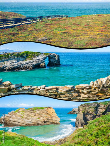 Collage of travel pictures from catedrales beach in Galicia Spain.