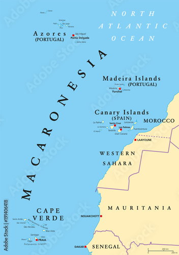 Macaronesia political map. Azores, Cape Verde, Madeira and Canary Islands. Collection of four archipelagos in the North Atlantic Ocean, off the coast of Africa. English labeling. Illustration. Vector.