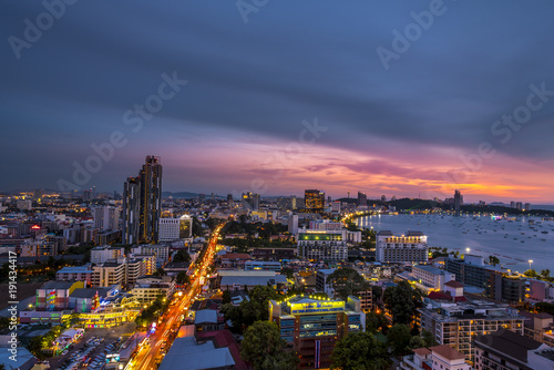 Landscape at nigth time of pattaya city with colurful light in city.