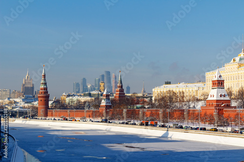 Moskva river near Moscow Kremlin on a sunny winter day. Moscow in winter
